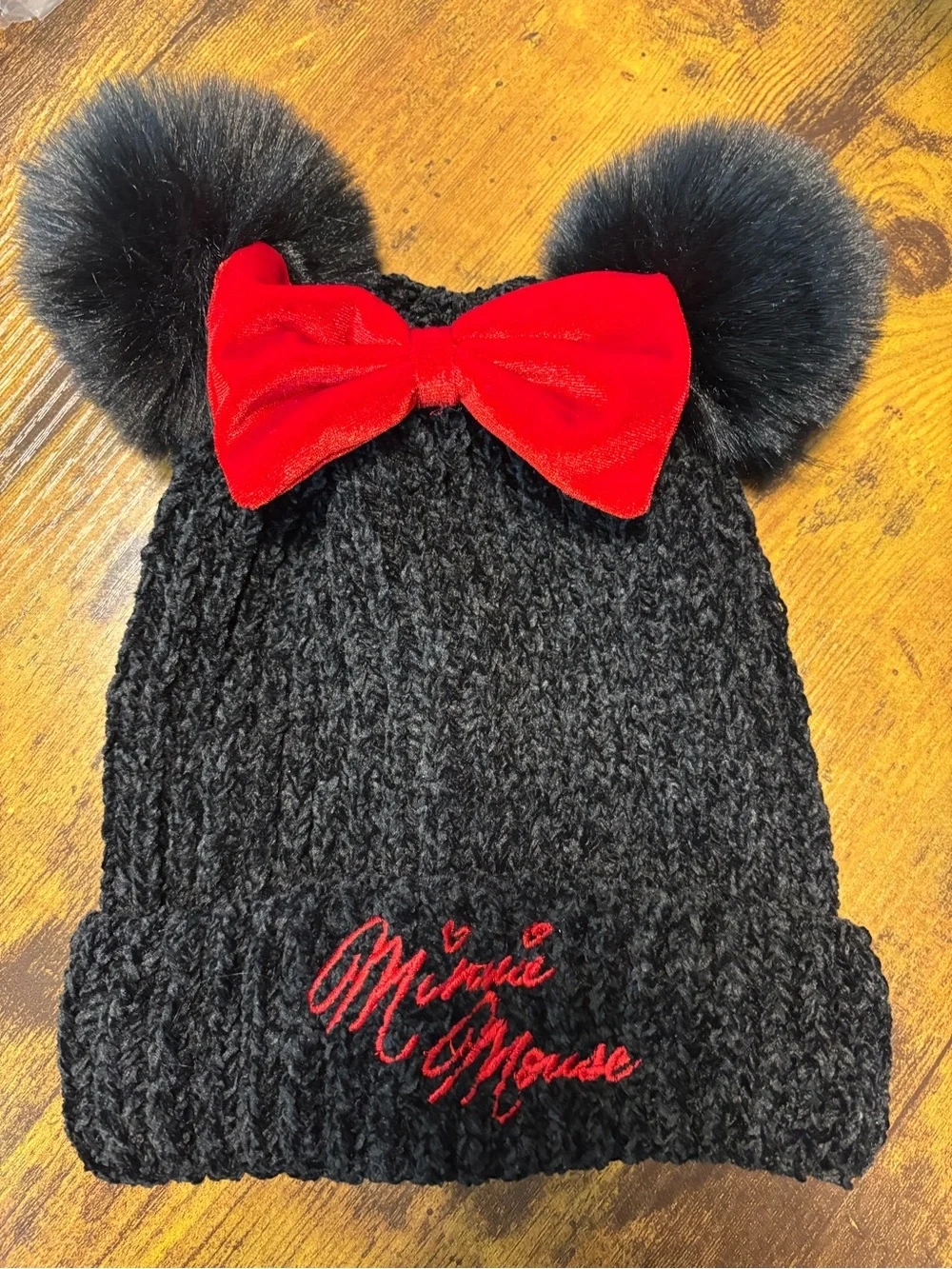 Disney Black Knit Minnie Beanie with Red Bow and Black Pom-Poms